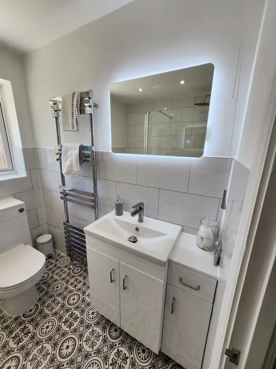 Shower room with patterned floor